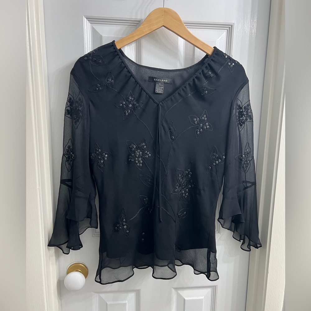 SILKLAND Black Elegant Sheer Blouse with Sequins & Embroidery. Size S. 100% Silk